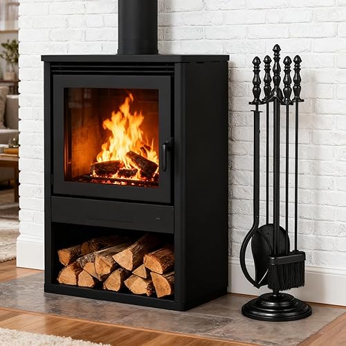 Vista 19 de Tangkula Juego de chimenea de 5 piezas, rústico, resistente, compacto, de hierro forjado, juego de herramientas con pedestal, herramienta de hogar