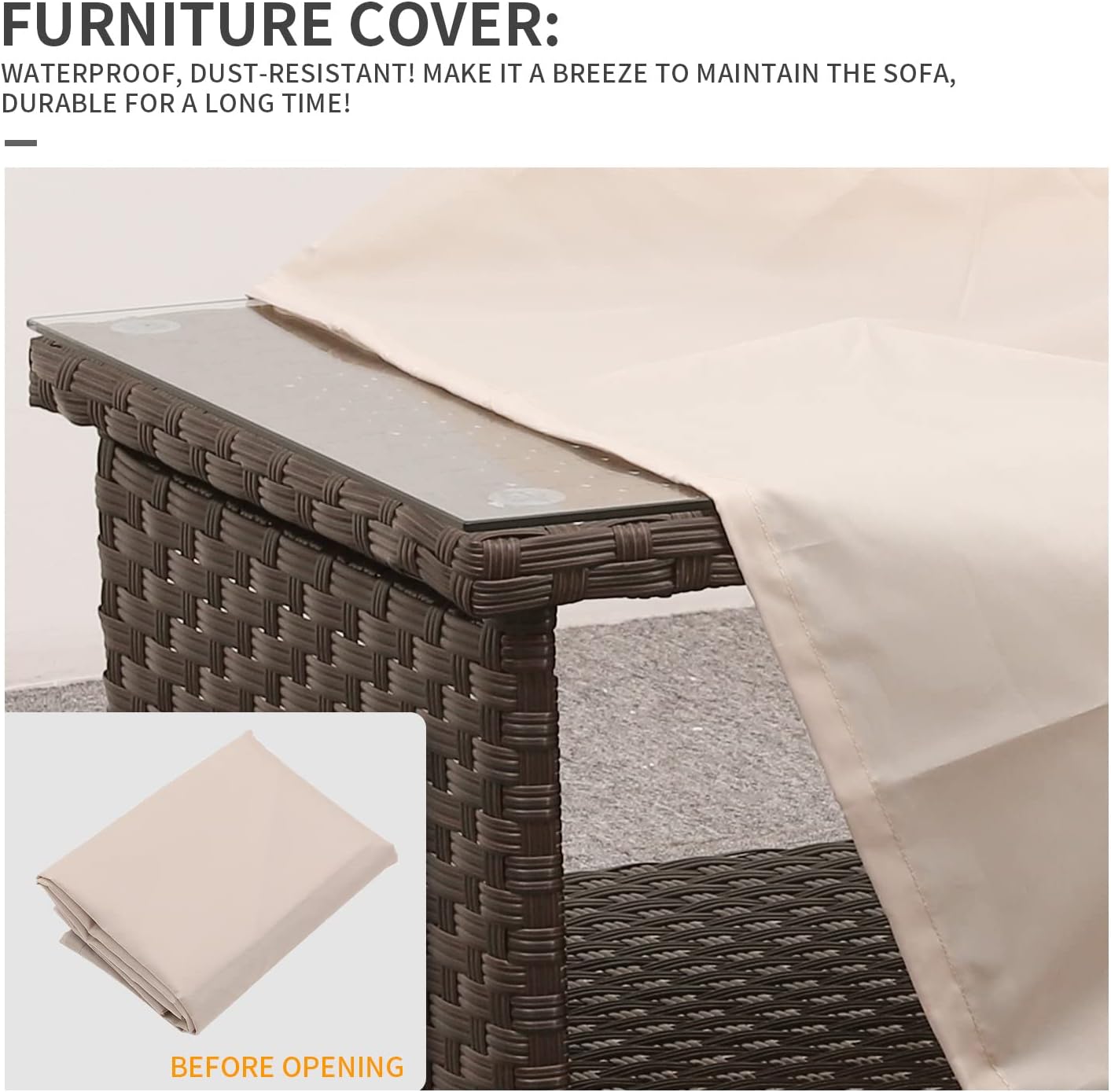 Outdoor Wicker Coffee Table Patio Furniture Garden Rattan 2-Layer Glass Table with Storage and Furniture Cover, Brown