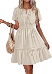 BTFBM Robes décontractées pour femmes 2026 Été Printemps V Col manches courtes Sundress Smocked Waist A Line Tiered Mini Robe