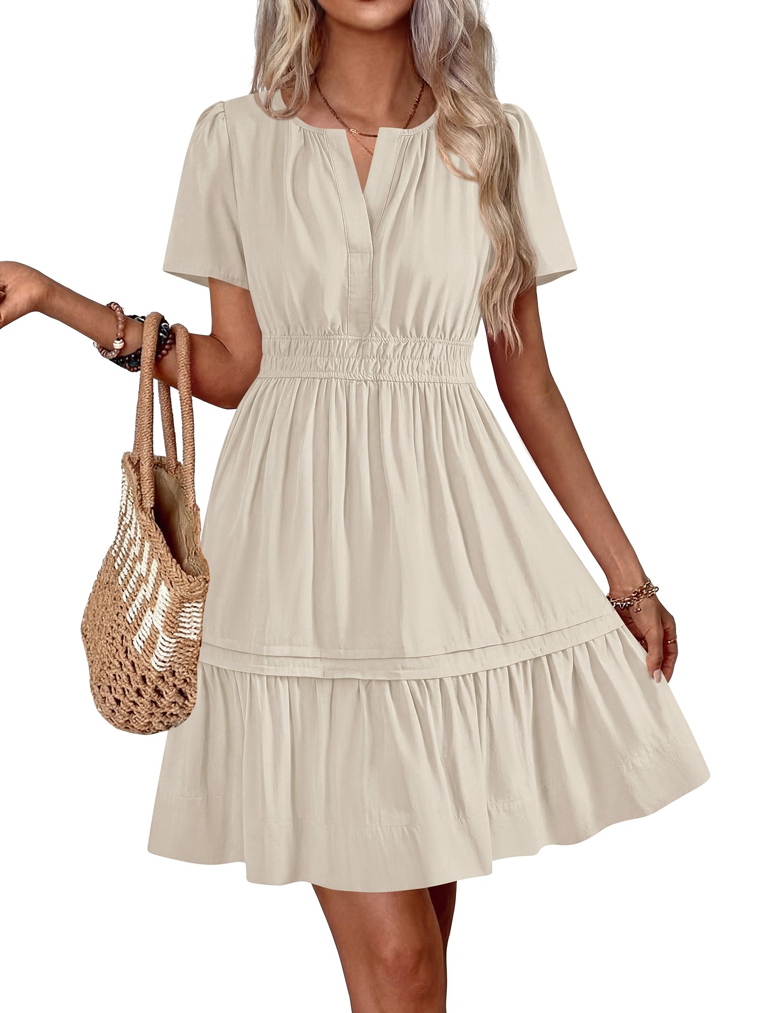 BTFBM Women's Casual Dresses 2026 Summer Spring V Neck Short Sleeve Sundress Smocked Waist A Line Tiered Mini Dress — view 11