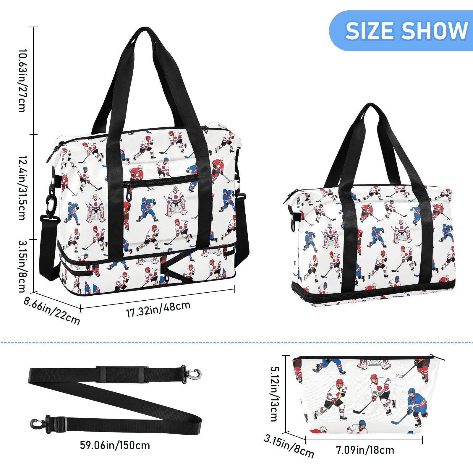 Sac de voyage imperméable pour articles personnels de hockey sur glace et bagage avec trousse de toilette pour voyage en avion