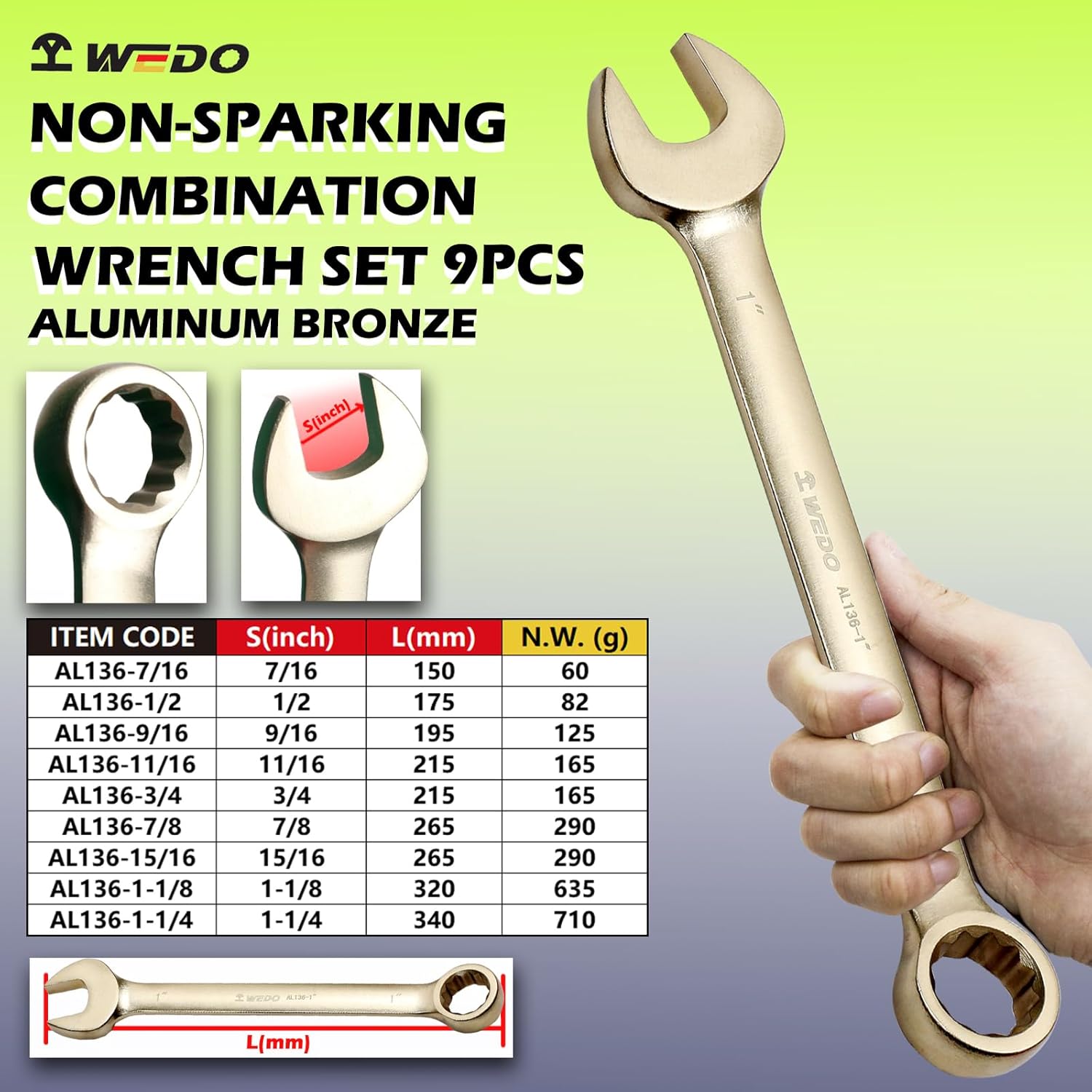 WEDO 9PCS Non-Sparking Combination Wrench Set,7/16",1/2",9/16",11/16",3/4",7/8",15/16",1-1/8",1-1/4",12 Point Design,Aluminum Bronze,Corrosion-resistance,BAM&FM Certificate