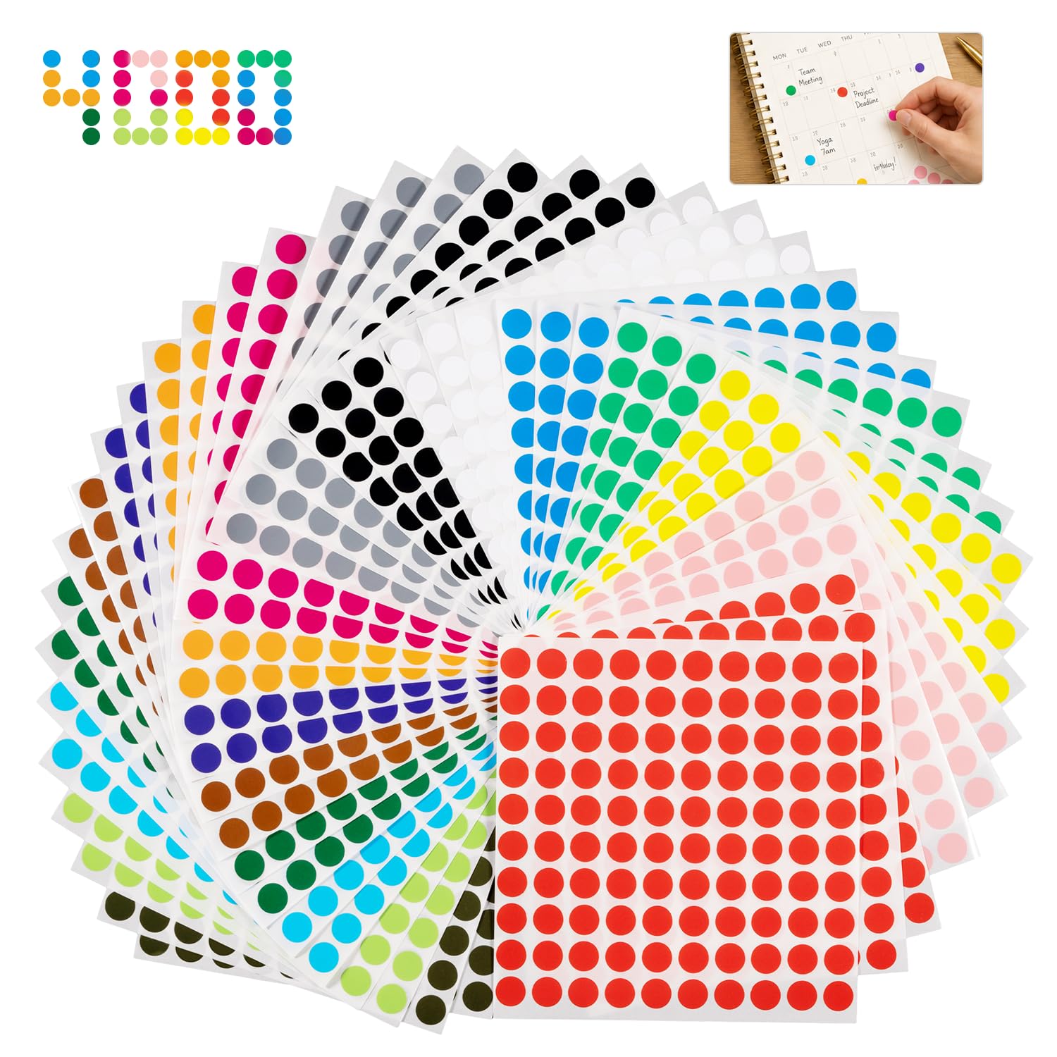 Gommettes Rondes Gommettes Autocollantes 4000 Pcs 10mm Gommette Couleur Codage Étiquettes Pastille Couleur Autocollante pour Fournitures de Bureau Famille École Calendriers, 16 Couleurs