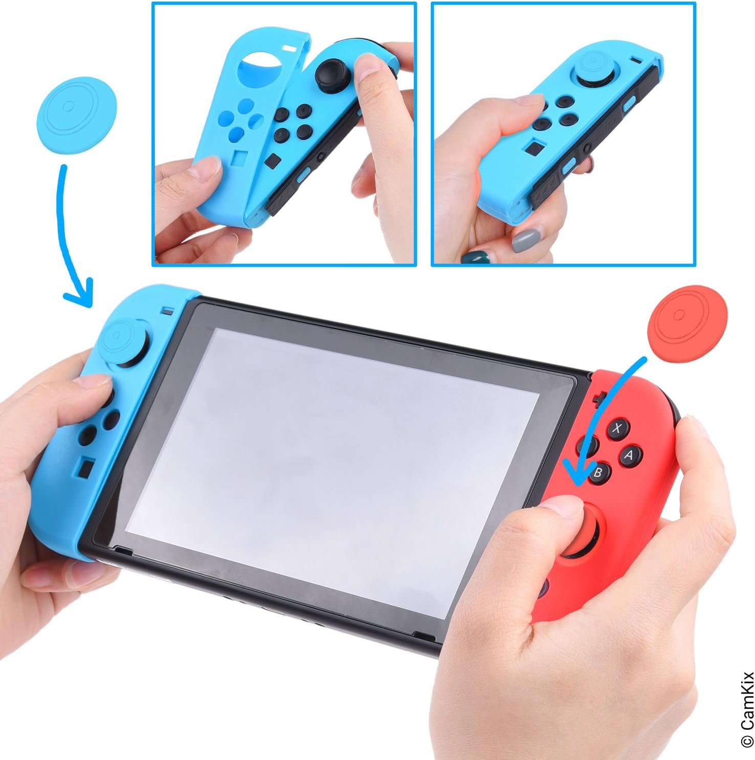 CamKix Grip and Protection Kit Compatible with Nintendo Switch: Joy Con Covers, Thumb Grip Covers, Screen Protector, Cleaning Cloth - Extra Grip and Protection, Matching Color