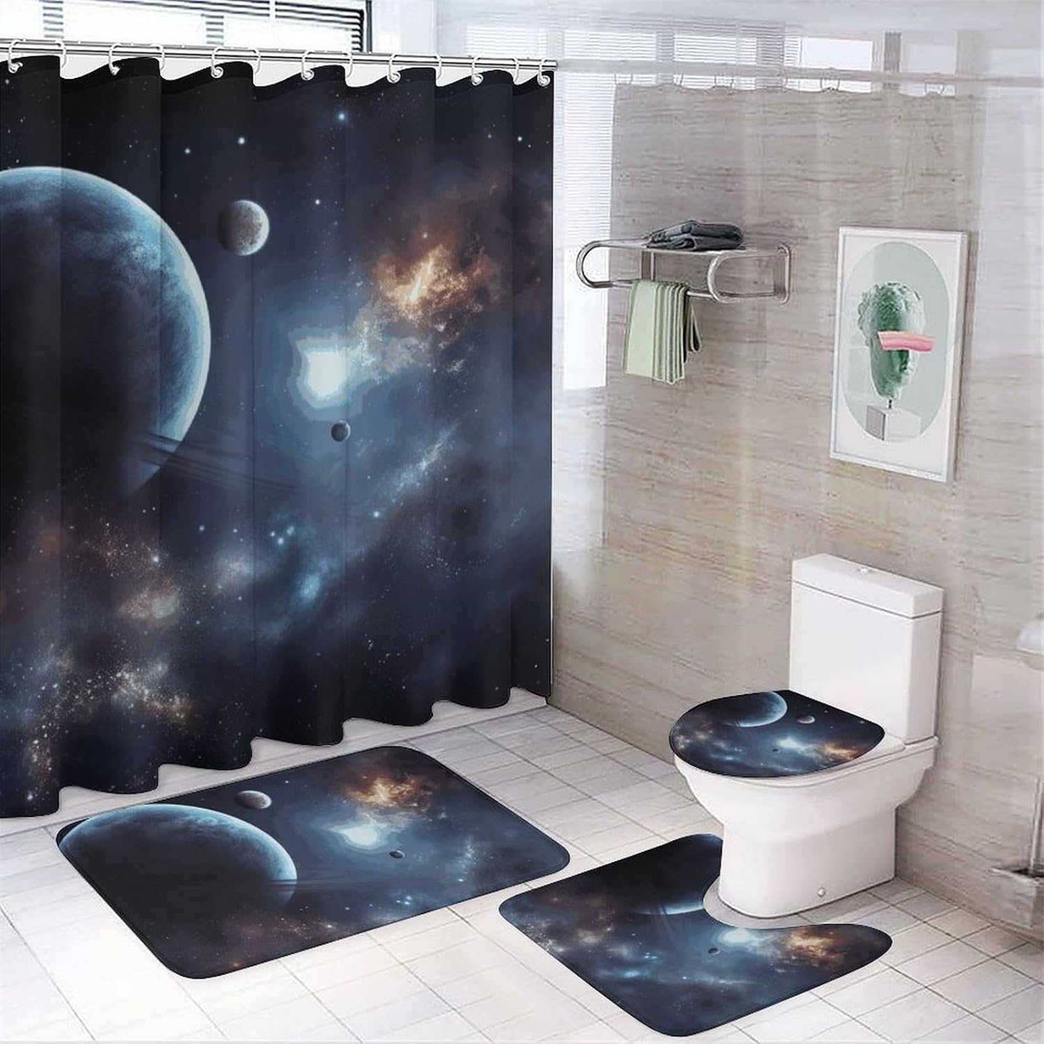 Moon Stars and Planets Shower Curtain Set 4 Piece, Non-Slip Bath Mat with Toilet Lid Cover and Waterproof Shower Curtain with 12 Hooks, Complete Bathroom Set for Home Decor