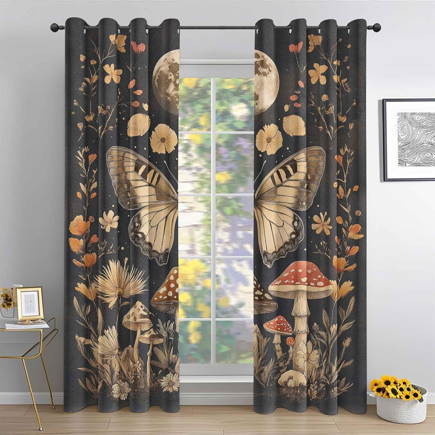 Vintage Boho Moth Blackout Curtains for Bedroom 63 inch Length 2 Panels, Moon Phase Moonlit Curtains for Living Room Decor, Bohemian Plant Mushroom Flower Drapes, Grommet Window Treatment 42 x 63 Inch