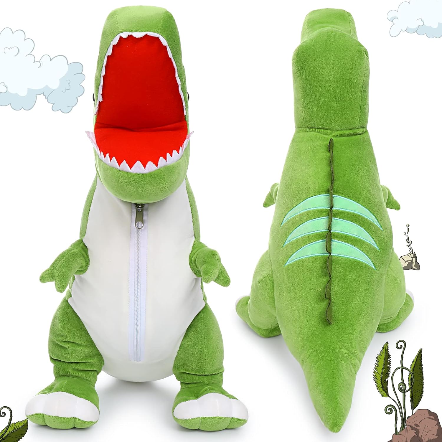 Tezituor Giant Dinosaur Stuffed Animal 23.6'' Big T-Rex Mommy Dinosaur Plush Toy with 3 Cute Baby Dinosaurs & 3 Egg Bags Inside its Zippered Tummy for Boys Girls