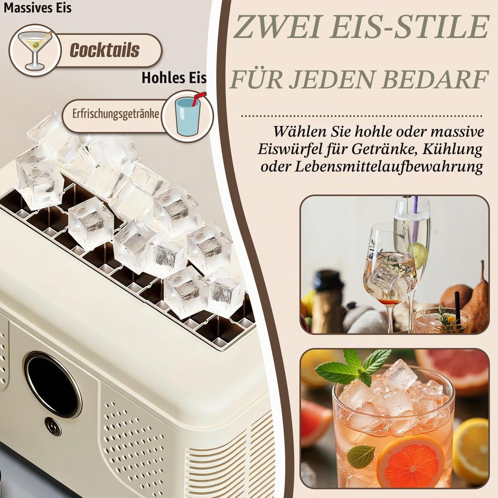 Tragbare Eiswürfelmaschine, 16 Eiswürfel Tisch Eisbereiter, Schnell in 15–20 Min, Hohl- & Volleis wählbar, 12V/220V für Auto & Zuhause, Kompakte Eismaschine für Reisen, Camping & Partys