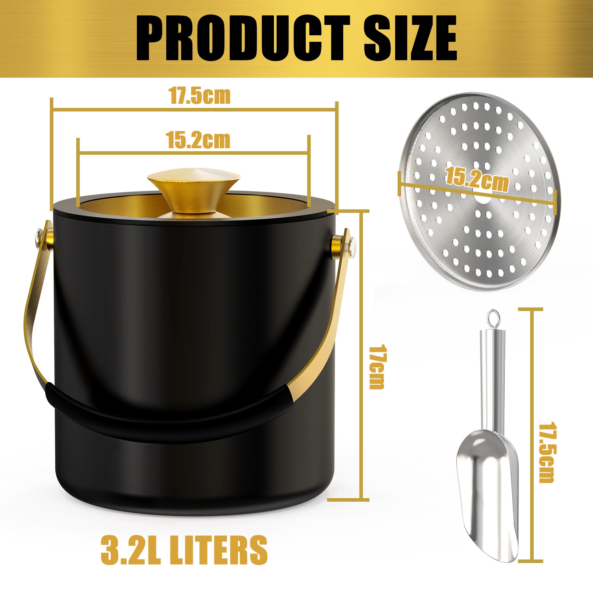 Bac à glaçons de 3,2 L avec couvercle, bac isotherme à double paroi pour la conservation des glaçons, bac à glaçons pour bar et fêtes (noir)