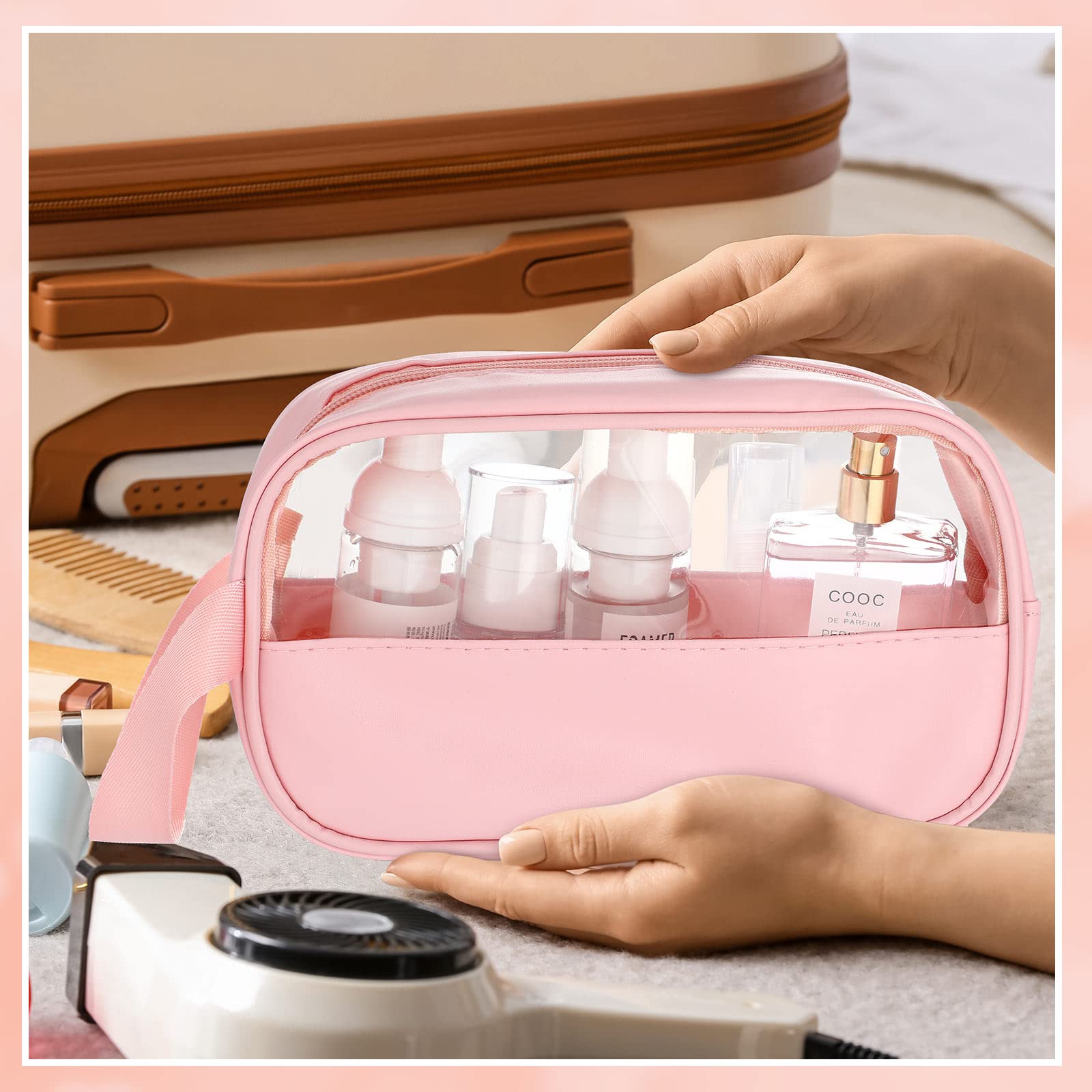 Tanlade 18 Pcs Clear Cosmetic Bags Bulk, Translucent Makeup Bag Toiletry Bag for Women Waterproof Portable Cosmetic Bag Set Traveling Make up Bag Organizer (Pink)