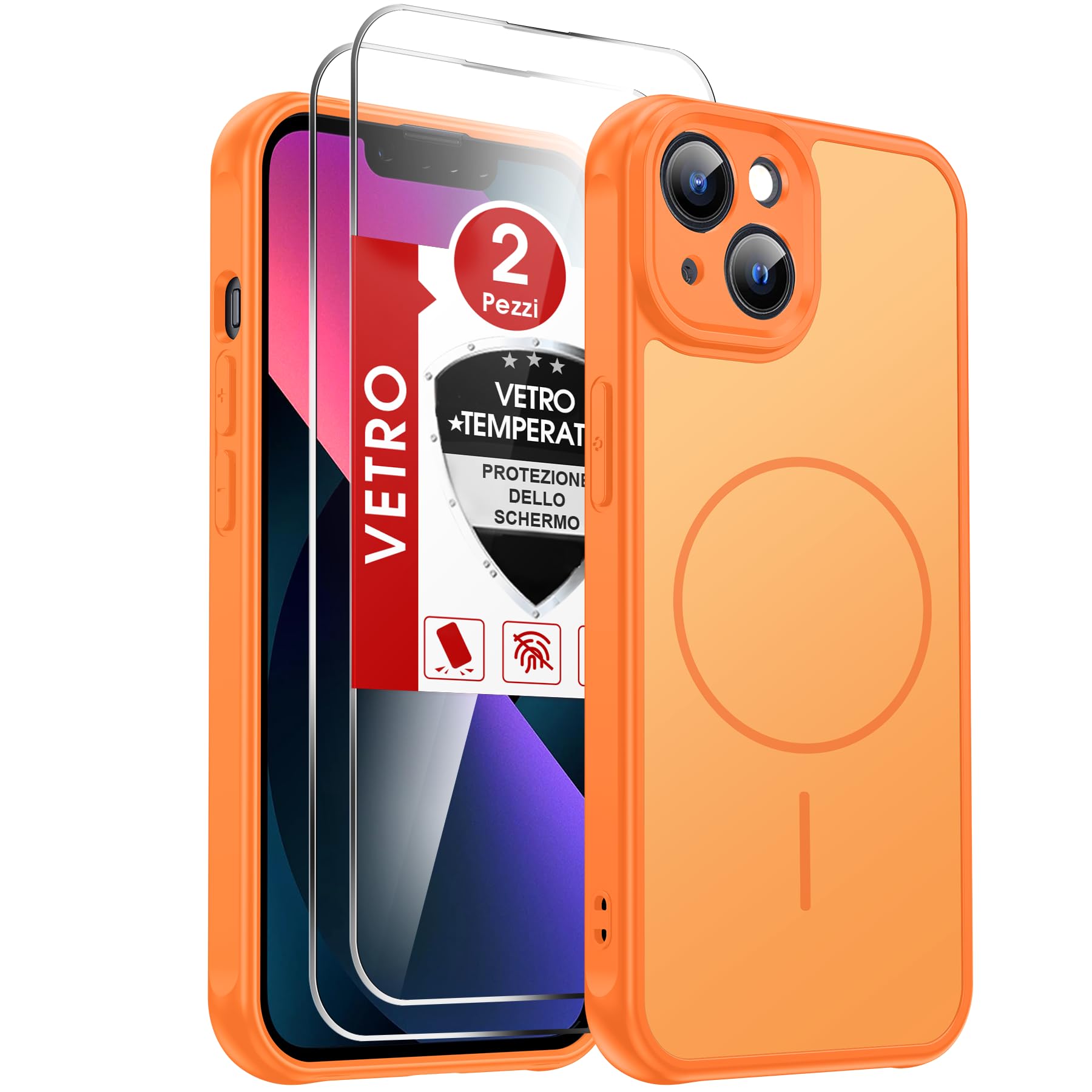 LeYi Cover Magnetica per iPhone 13 con 2 Vetro Temperato, Custodia Compatibile con MagSafe Protezione Fotocamera Anti-Impronte Antigraffi TPU Bumper Antiurto Protettiva Case per iPhone 13, Arancione