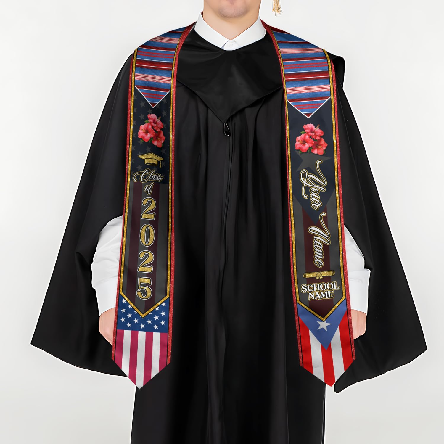 MonkeyVan Personalized Puerto Rico Graduation Sash 2025, Custom Puerto Rican American Flag Graduation Stole Class of 2030 S158