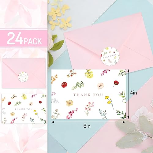 Miniatura 2 de Whaline Paquete de 24 tarjetas de agradecimiento florales de acuarela de flores de primavera con sobres, calcomanías de flores silvestres, tarjetas