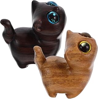 Abaodam 2Pcs Wooden Cat Decor Mini Cat Figurines Carved Cute Statue Smalll Wooden Sculpture Natural Sandalwood Animal Ornament for Lovers Lucky Cute Statue