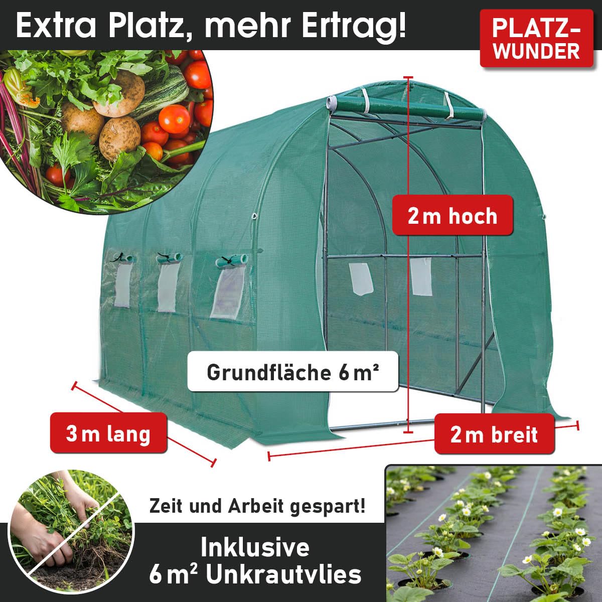 BRAST Gewächshaus Foliengewächshaus mit Stahlfundament | 2x3m - 3x8m | inkl. Erdanker Unkrautvlies & 6 Aufrollbare Fenster mit Moskitonetz | UV-stabilisierte Gitterschutzfolie 200g/m² | 200x300cm