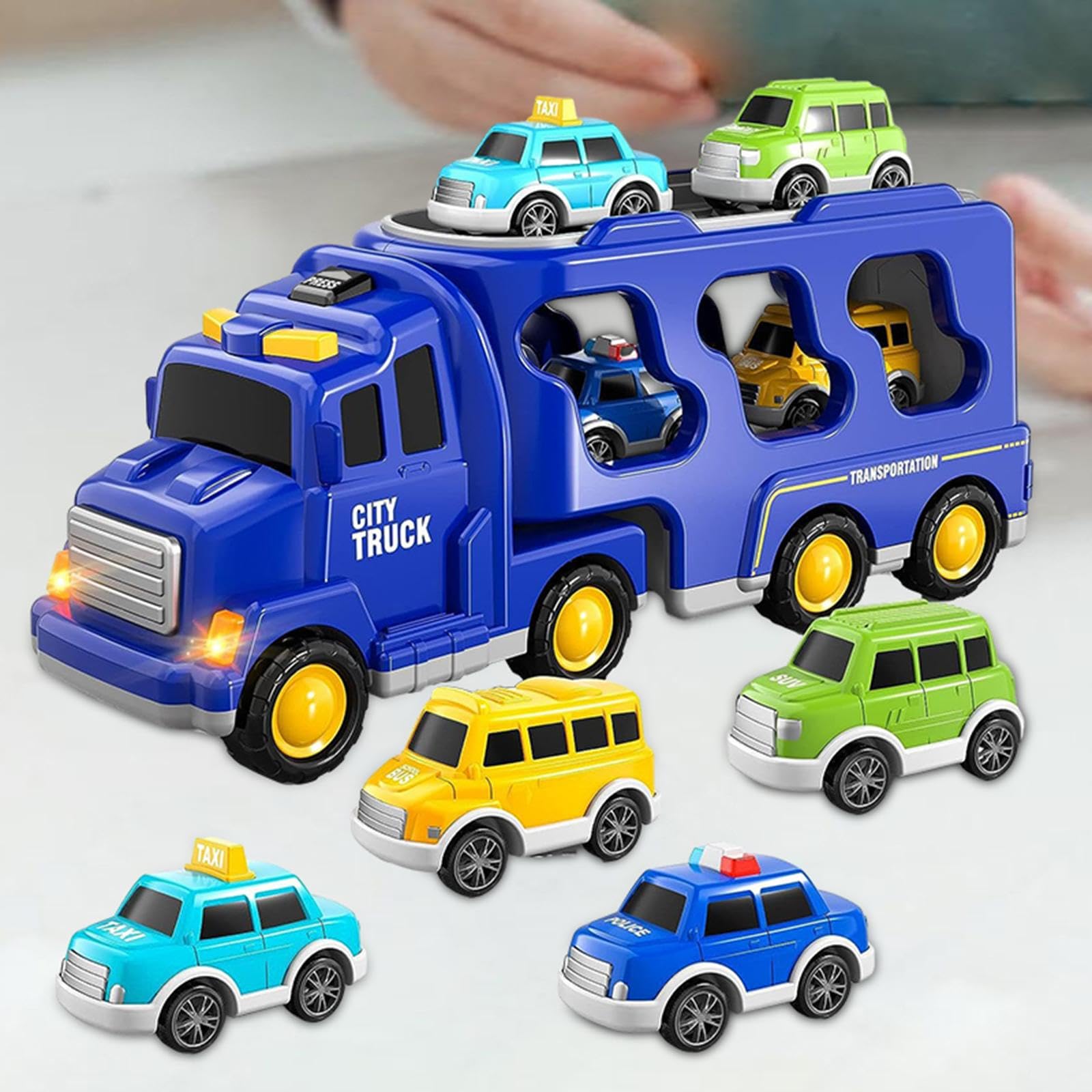 Reibungsbetriebener Spielzeug LKW mit Licht Und Soundeffekten, 7 in 1, für Jungen Und Mädchen, Blau