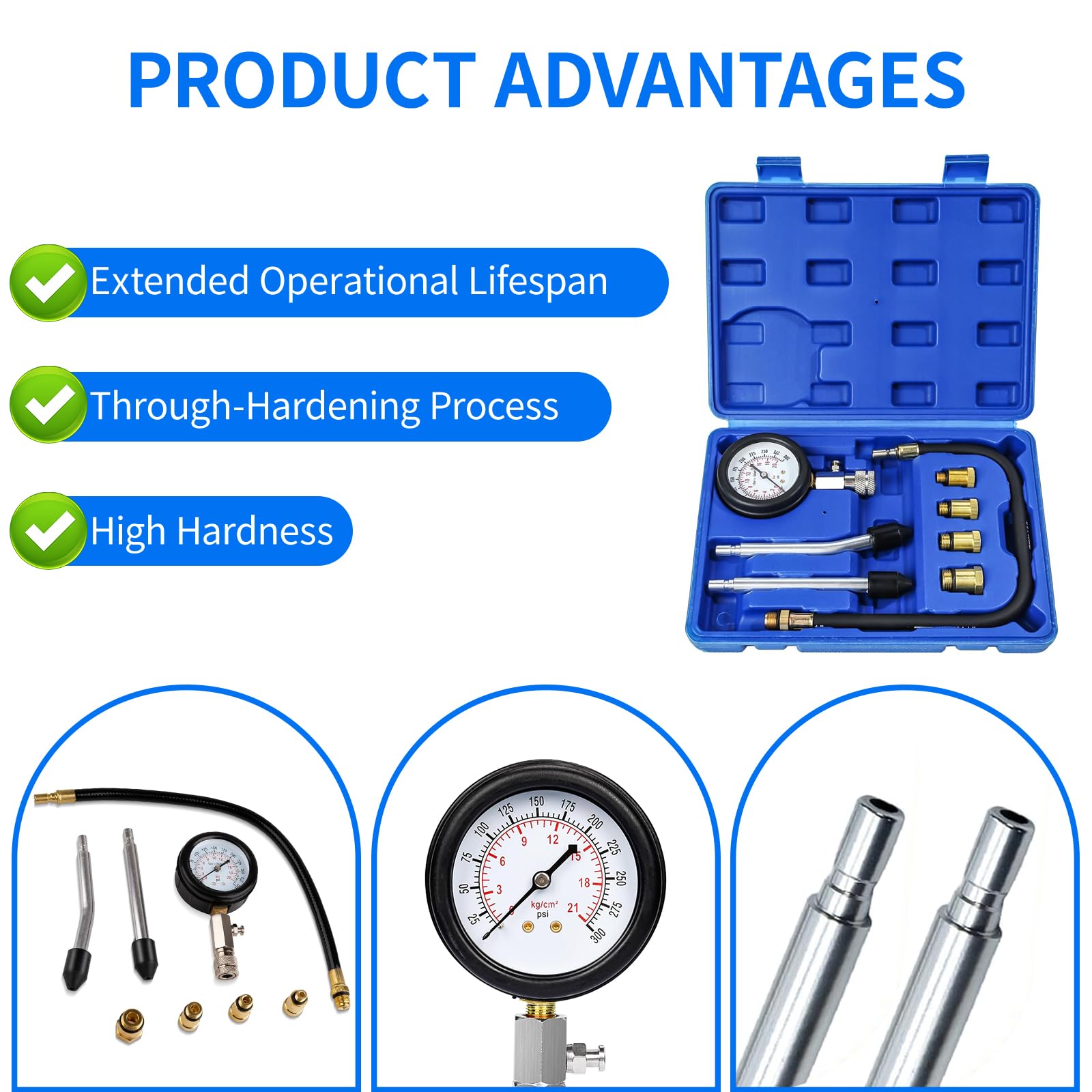 Zorplex Kompressionstester Set mit Manometer 0-21 Bar / 0-300 PSI, Kompressionsmessgerät für KFZ Auto Motorrad LKW Benzin Motor, Inkl, 4 Adapter M10 M12 M14 M18, Kompressionsprüfer Werkzeug (Blau)