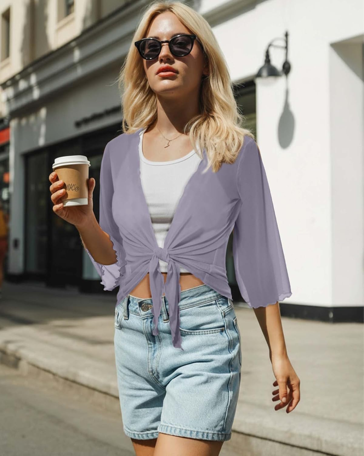 Women's Short Cardigan Bolero Shrug Sheer Tie Front Top 3/4 Sleeve Jacket for Dress - Image 2