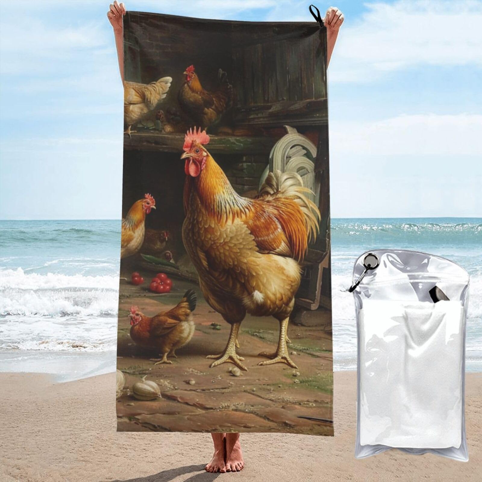 kkvhhyuo Microfiber Beach Towel, Roast Chicken Hen Farm Printed Lightweight Quick Dry Travel Bath Sheet with Compact Carry Bag for Swimming Yoga Camping Gym,27.5"x55"