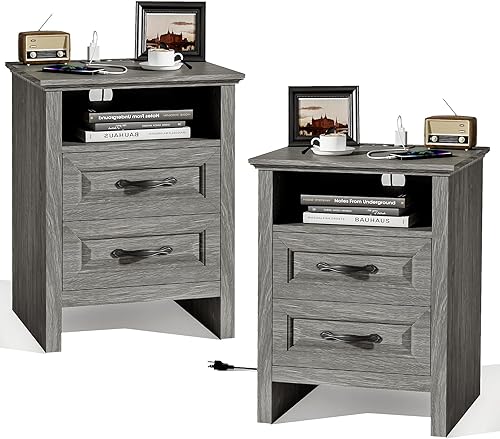 Vista 10 de Pipishell - Mesita de noche con estación de carga, mesa de cabecera de estilo granja con 2 cajones y almacenamiento abierto, mesa auxiliar rústica