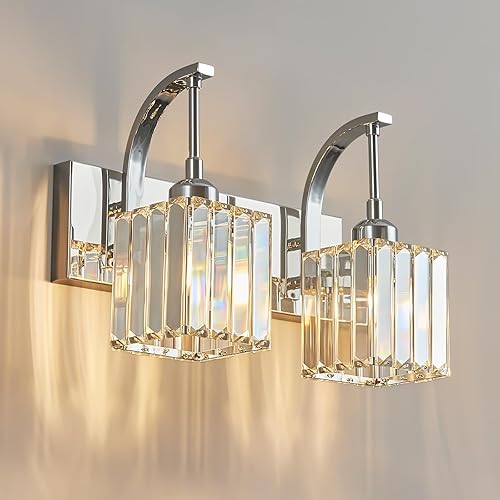 Miniatura 12 de Luces de tocador de cristal cromadas de 4 luces, modernas lámparas de baño de cristal sobre espejo de 32.67 pulgadas de largo para baño Cromo