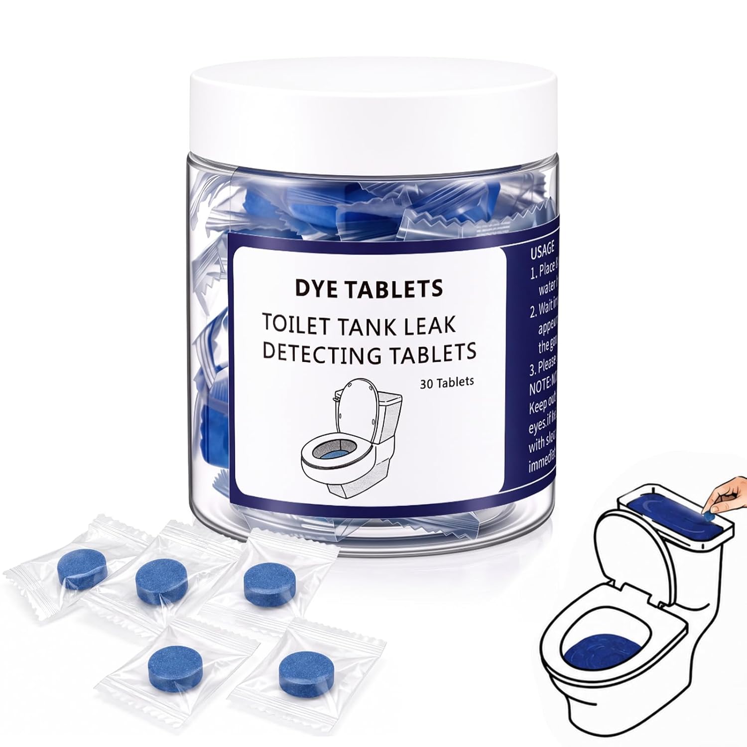 Demissle 30 Toilet Leak Detection Tablets, Blue Dye Tank Test Kit | Deep Blue Toilet Leak Test Tablets with Storage Bottle for Home, Rental, Hotel and Plumbing Checks