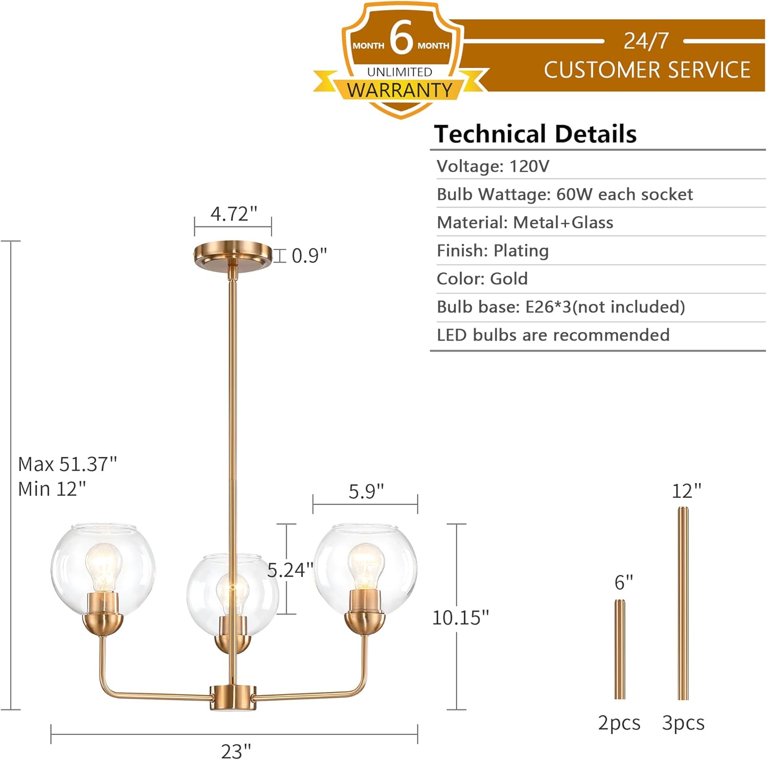23-Inch Antique Bronze 3-Light Pendant Light with Clear Glass, Adjustable Hanging Fixture for Kitchen Island, Dining Room, Bedroom, Bathroom