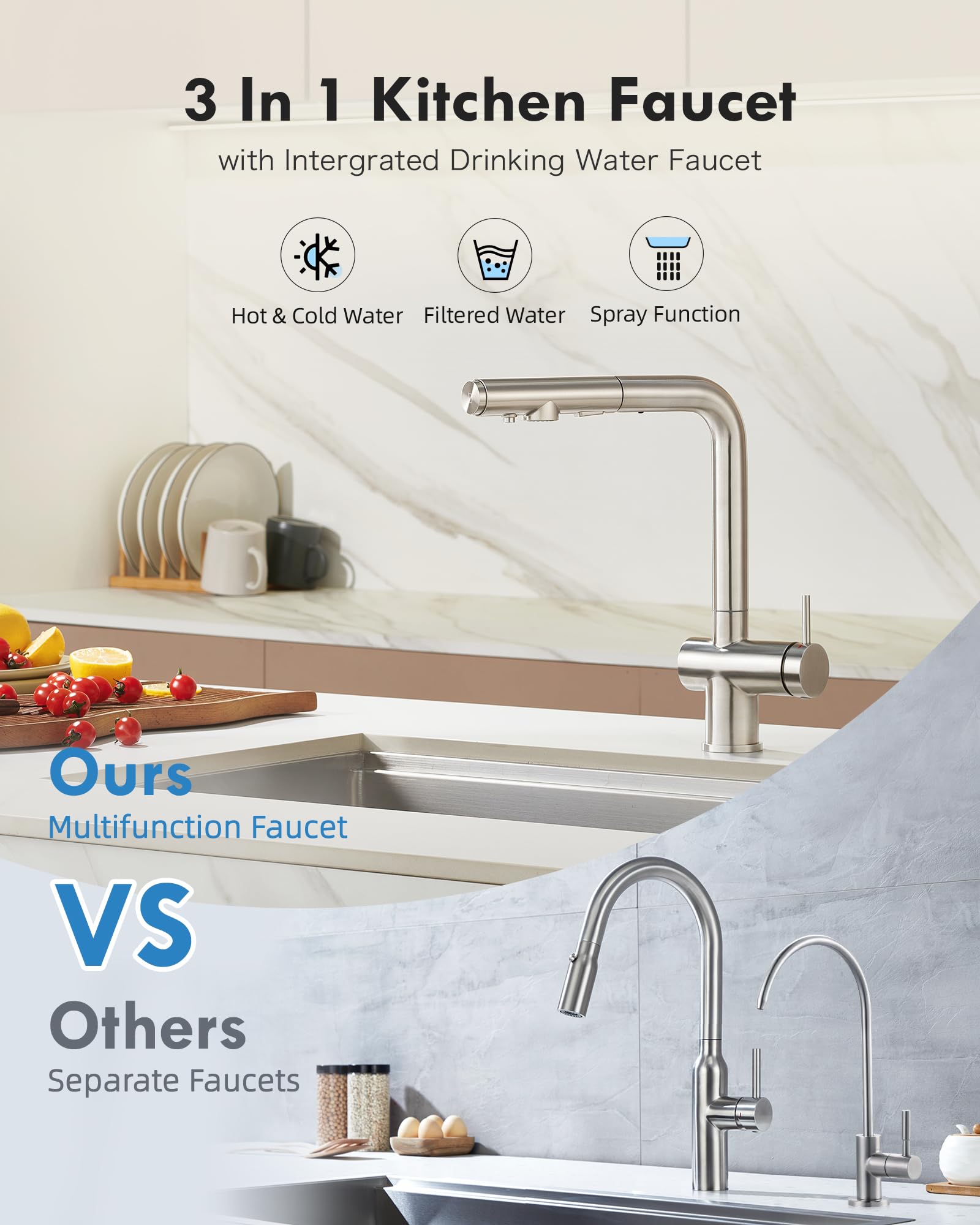Wandmontierter Küchenwasserhahn Mit Ausziehbarem Sprühkopf – 3 Funktionen, Gebürstetes Chrom