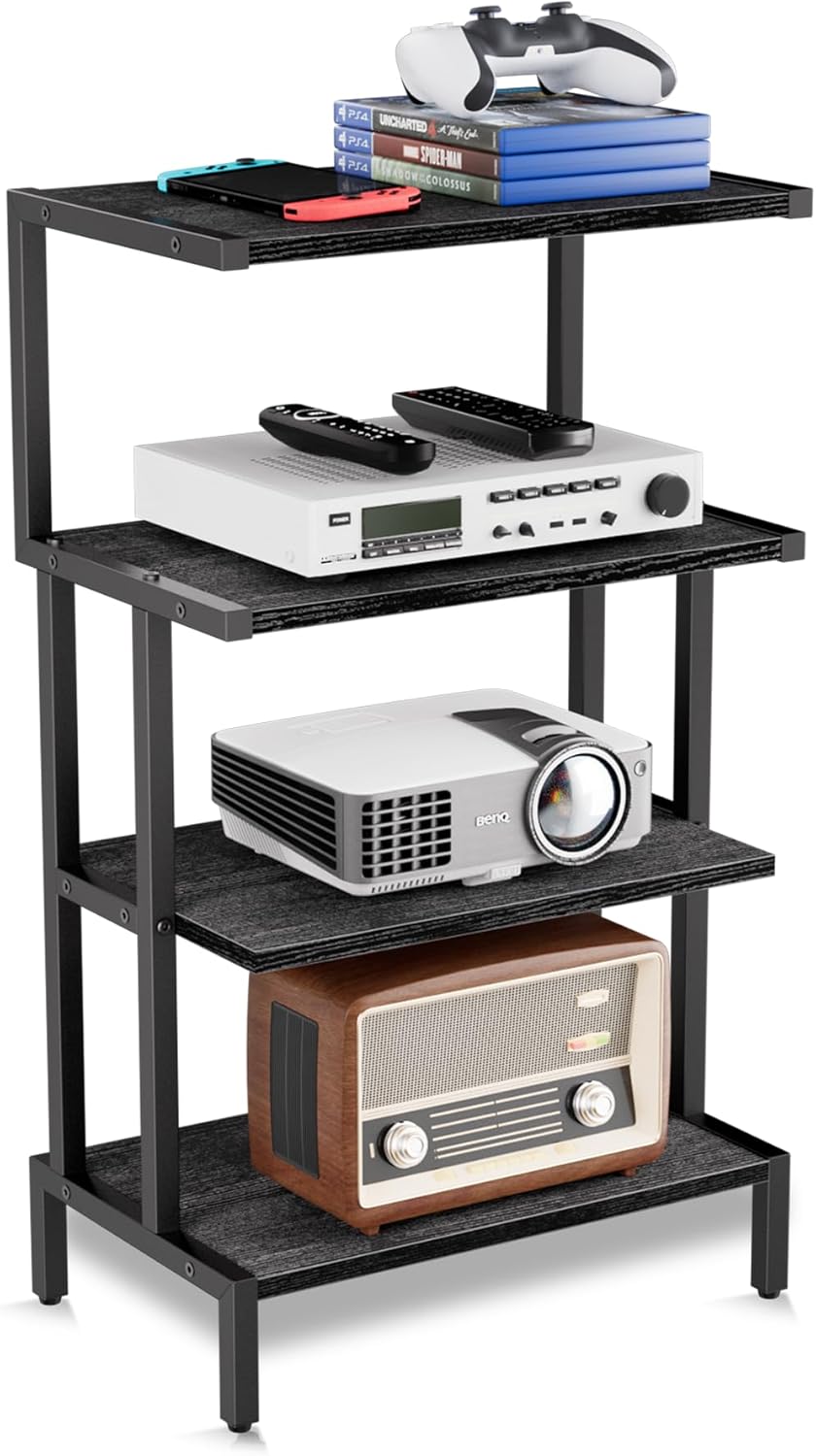 Aquzee 4-Tier Media Stand - Gaming Console Organizer Shelf for PS5 Xbox Switch, Wood AV Stereo Rack, Sturdy Black Cabinet 17.6"W Storage