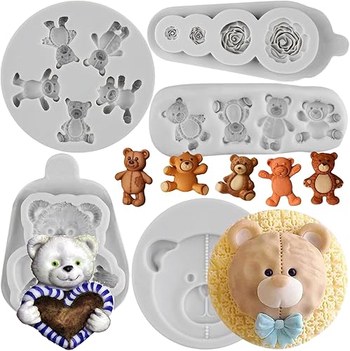 Sijiangmold Molde de silicona para el día de San Valentín, lindo oso corazón, amor, rosa, flor, chocolate, fondant, para decoración de pasteles,