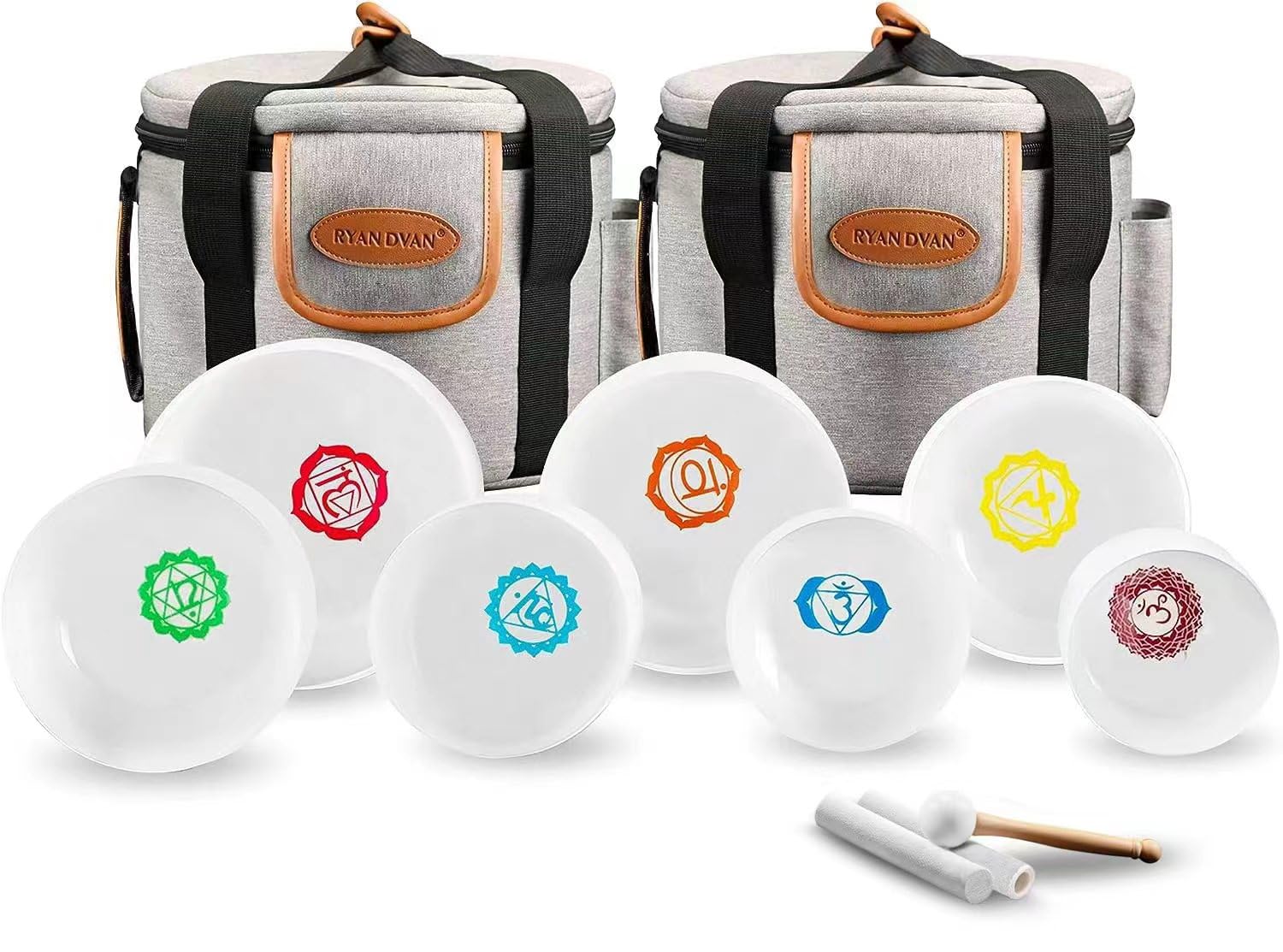 432 hz 7-12 Inch Set of 7 Chakra Symbol Design Frosted Quartz Crystal Singing Bowl Set with Free 2 pcs Carrying Case