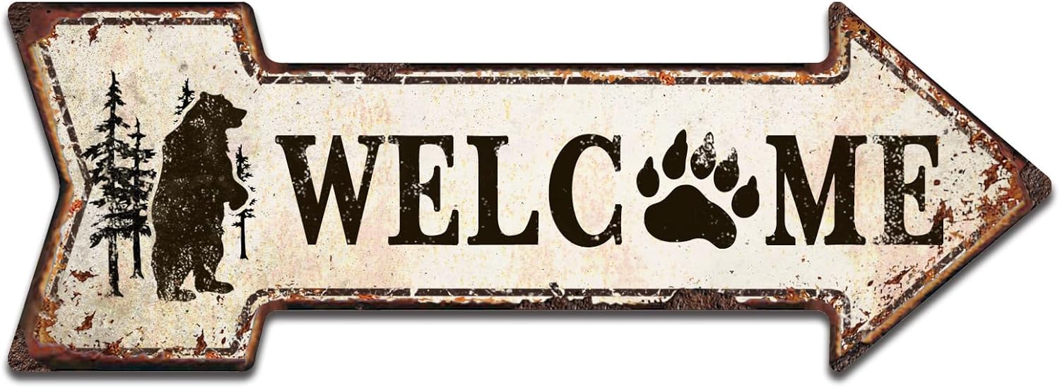 Cat Welcome Metal Signs, Yard Metal Art, Entrance Wall Decoration, Garden Decor for Outside, House Warming Gifts New Home, Arrow Tin Sign 6 x 18 Inches