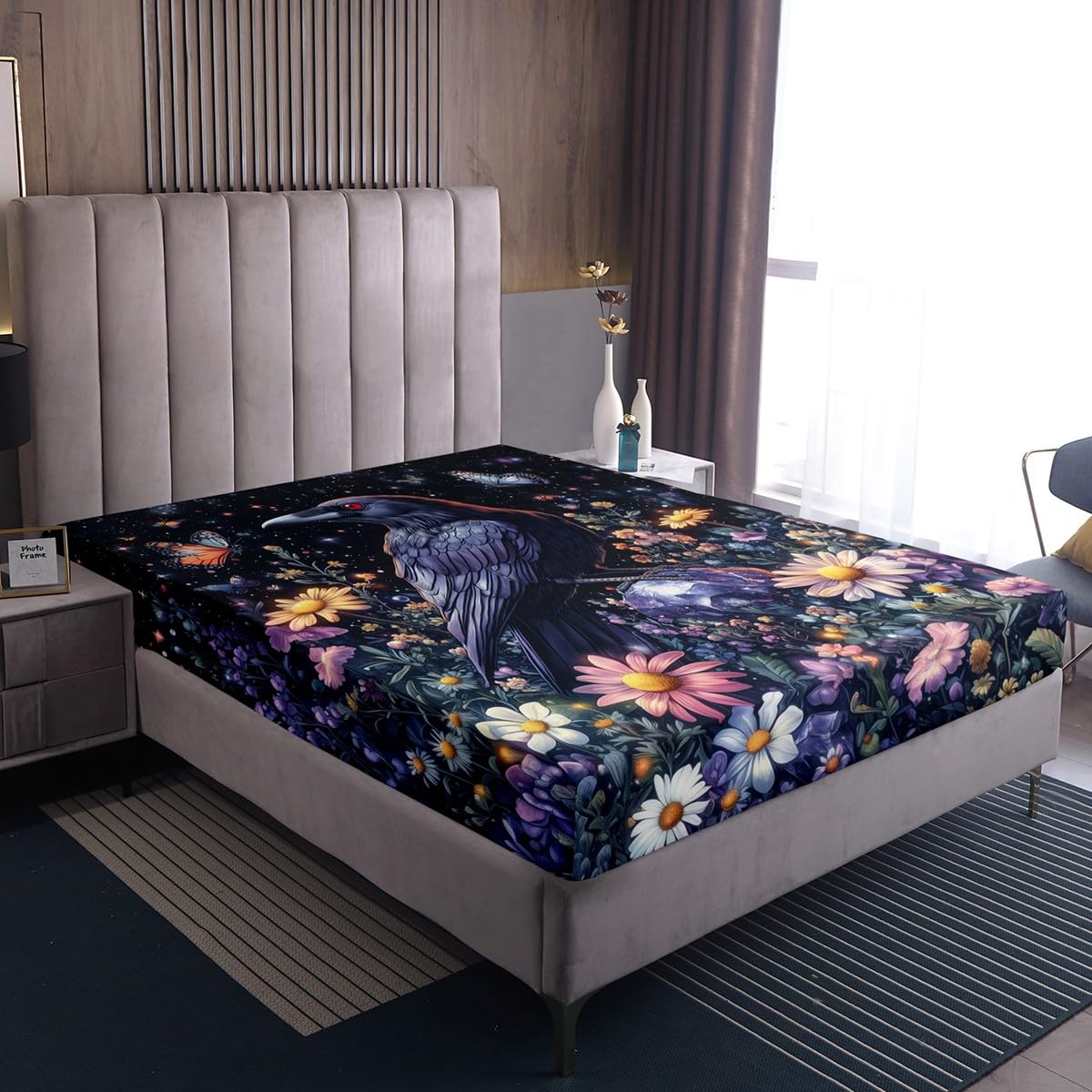 Queen Size Crow & Raven Fitted Sheet Set - Black Feather Bird Themed Bedding, 16\" Deep Pocket With 2 Pillowcases