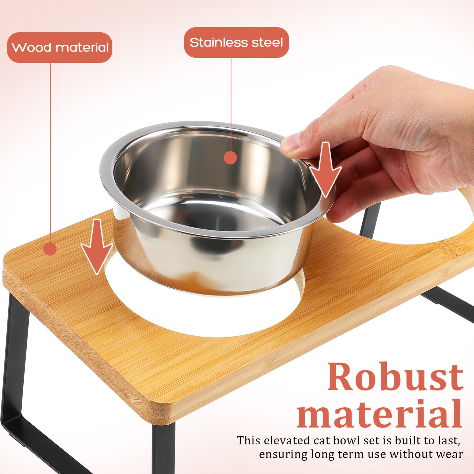 Ciotola per Gatti Rialzata con Doppie Ciotole in Acciaio | Set con Supporto, Uso Interno per Gatto e Cane Piccolo, Design Elegante, Legno e Acciaio Inox