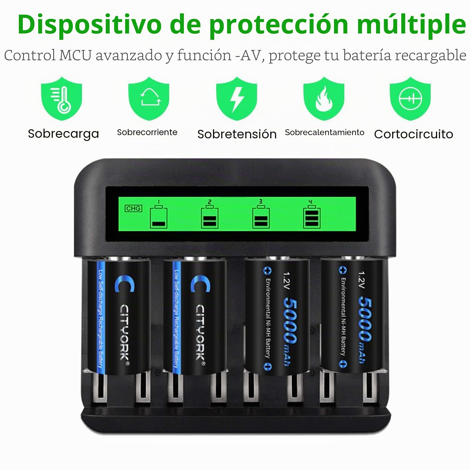 CITYORK Cargador LCD para Baterías AA AAA C D NI-MH/NI-CD - con Batería NI-MH C 4000mAh (4 Piezas)