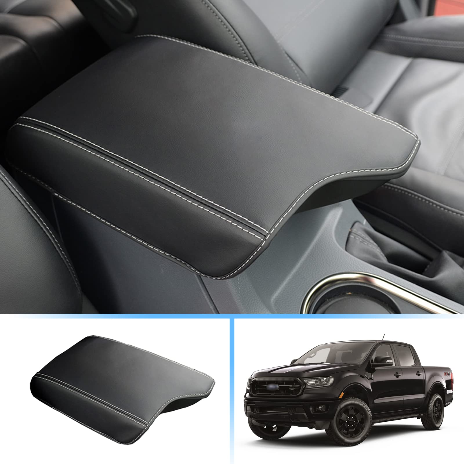 Coleya 2019-2022 2023 Ranger Armrest Cover for Frod Ranger Armrest Box 2022 Ranger Center Console Cover 2023 Comfy Leather Armrest Protector 2022 2023 Ranger Accessories (Black-Padded)