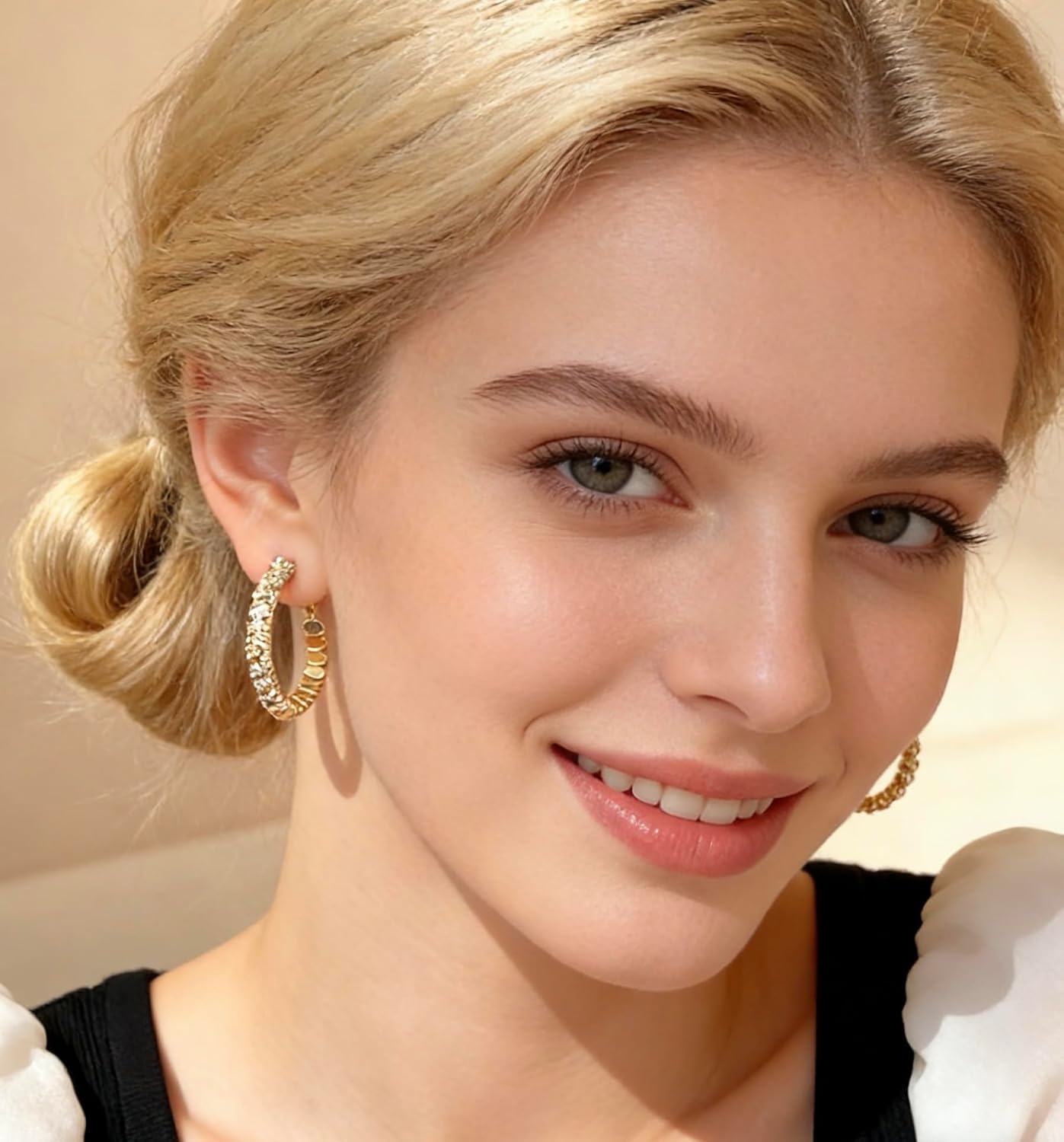 CCT 18K Gold Plated Half Cubic Zirconia Paved Half Beaded Hoop Earrings for Women | Dainty Two-Tone Huggie Hoops | Hypoallergenic Fashion Jewelry for Everyday Wear, Party, Wedding