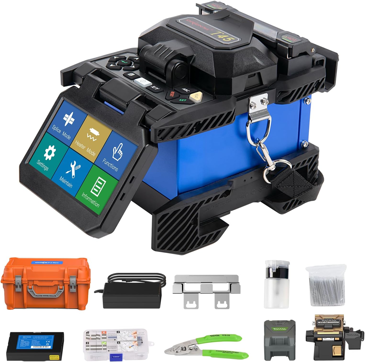 ORIENTEK T45 Core Alignment Fusion Splicer Fiber Optic Welding Splicing Machine FC-30 Optical Fiber Cleaver 18s Highly E๏ฌcient Heating 4.3inch Screen