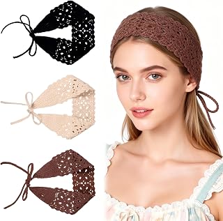 3 Pcs Boho Headbands for Women, Crochet Knit Bandana Headbands | Adjustable Tie Boho Crochet Knit Hair Band Hair Scarf Head Bands Crochet Hair Bandana for Women Hippie(Black+Beige+Coffee)