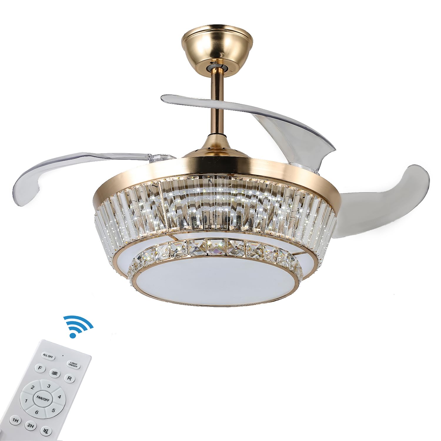 NOVFLAM 48'' Crystal Ceiling Fan Golden Crystal Chandelier Ceiling Fan with Lights and Remote, Invisible Fandelier LED Light kit with Retractable Blades for Indoor Living Room Bedroom
