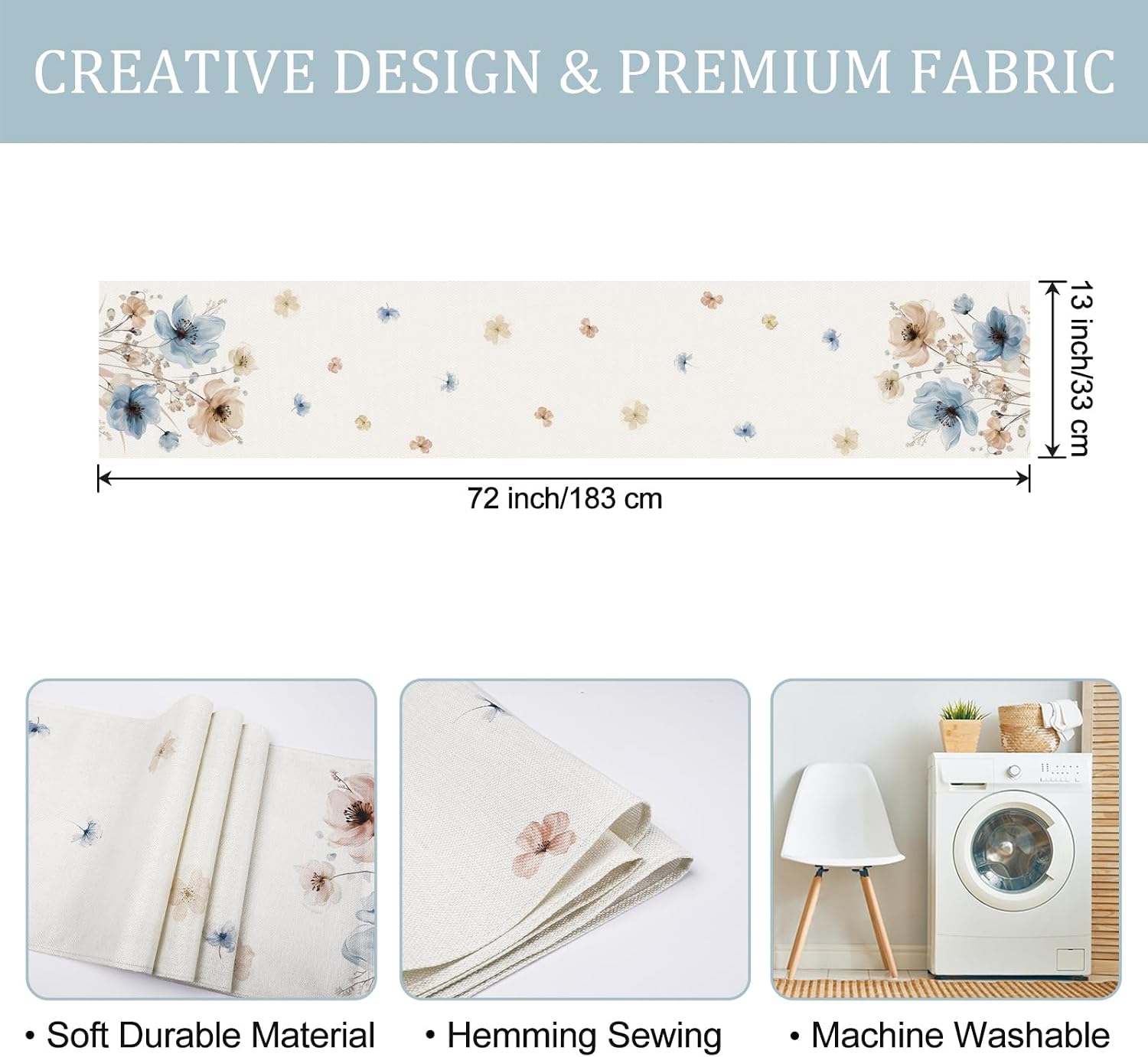 Bonhause Watercolor Floral Table Runner 13x72 Inch Blue Brown Flowers Seasonal Summer Spring Kitchen Dining Table Decoration for Indoor Outdoor Home Party Decor