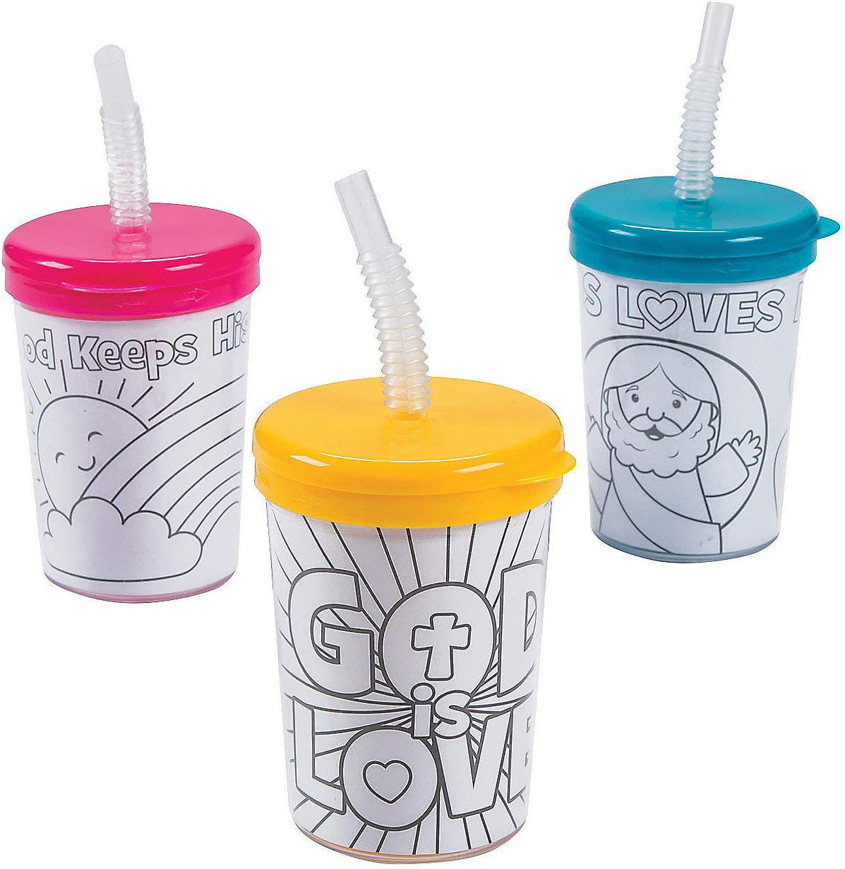 Fun Express 6 oz Color Your Own Religious Cups W/Lids & Straws, BPA Free Plastic, Crafts for Kids and Fun Home Activities, Multi-Color