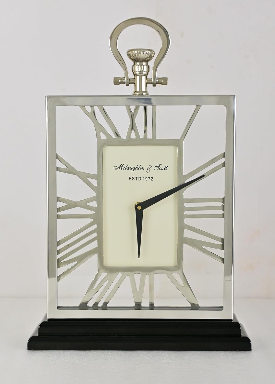 Luxury Chrome Roman Numeral Table Clock – Modern Metal Skeleton Mantel Clock with Black Base – Elegant Decorative Desk Clock for Living Room, Office & Home Décor (Brass Antique)