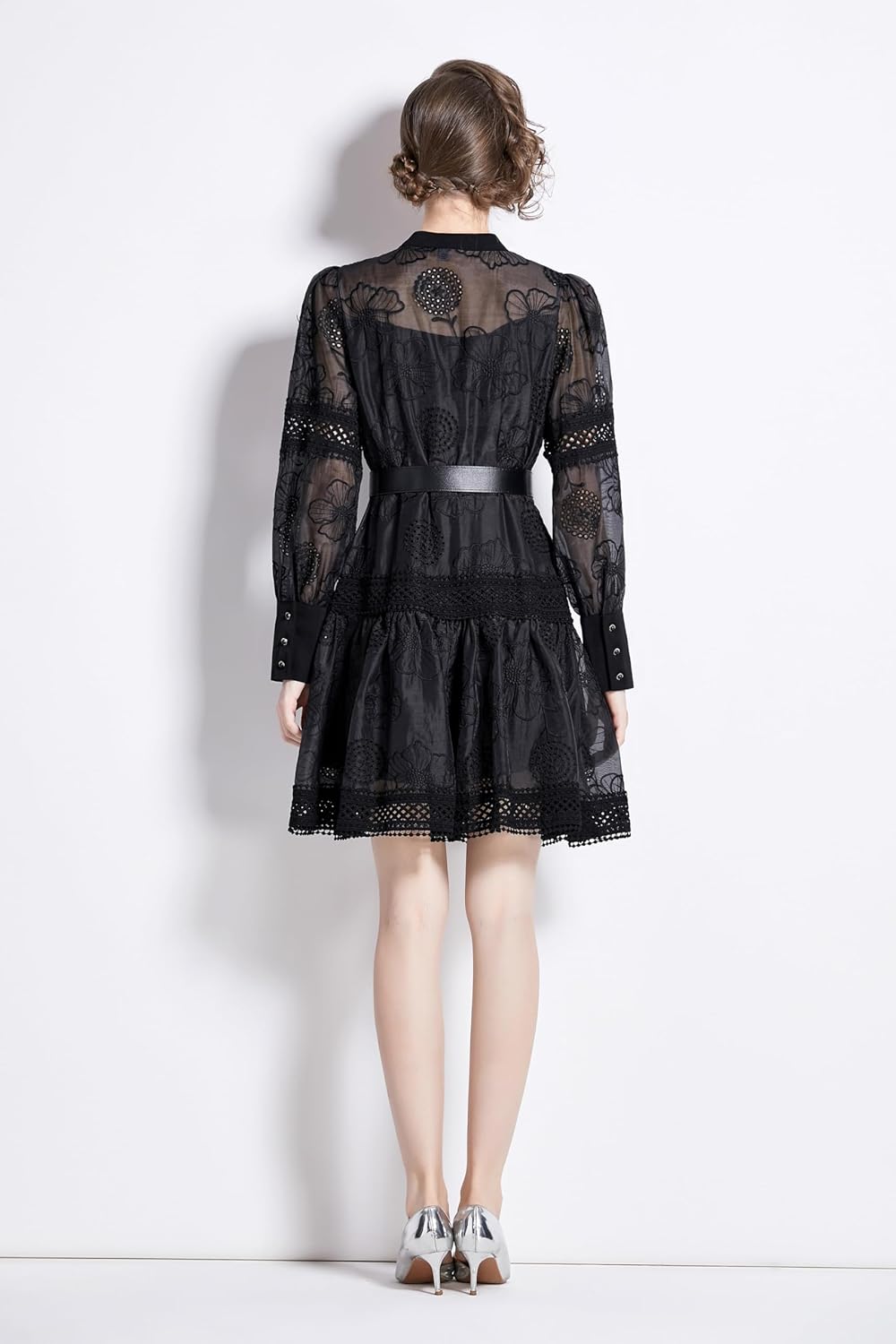 LAI MENG FIVE CATS Women's Long Sleeve Round Neck Floral Lace Casual Button Up Mini Dress with Belt