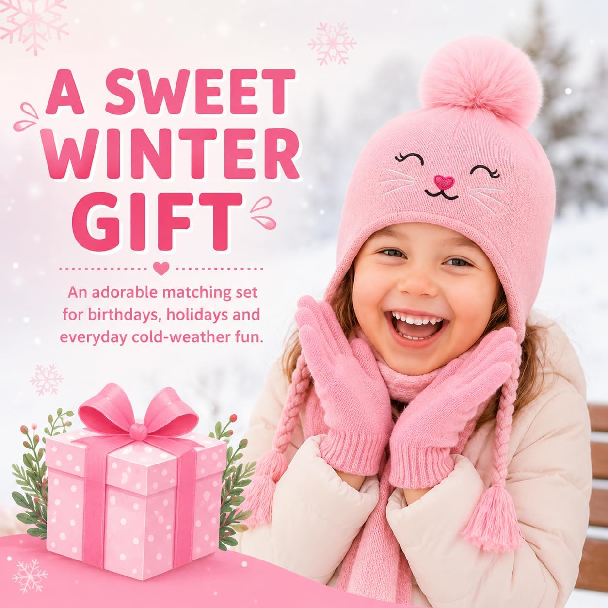 Toddler Girls Earflap Winter Hat and Gloves Set Kids Cat Beanie Fleece Lining Pom Pom Skiing Knit Caps Gift for Ages 3-7