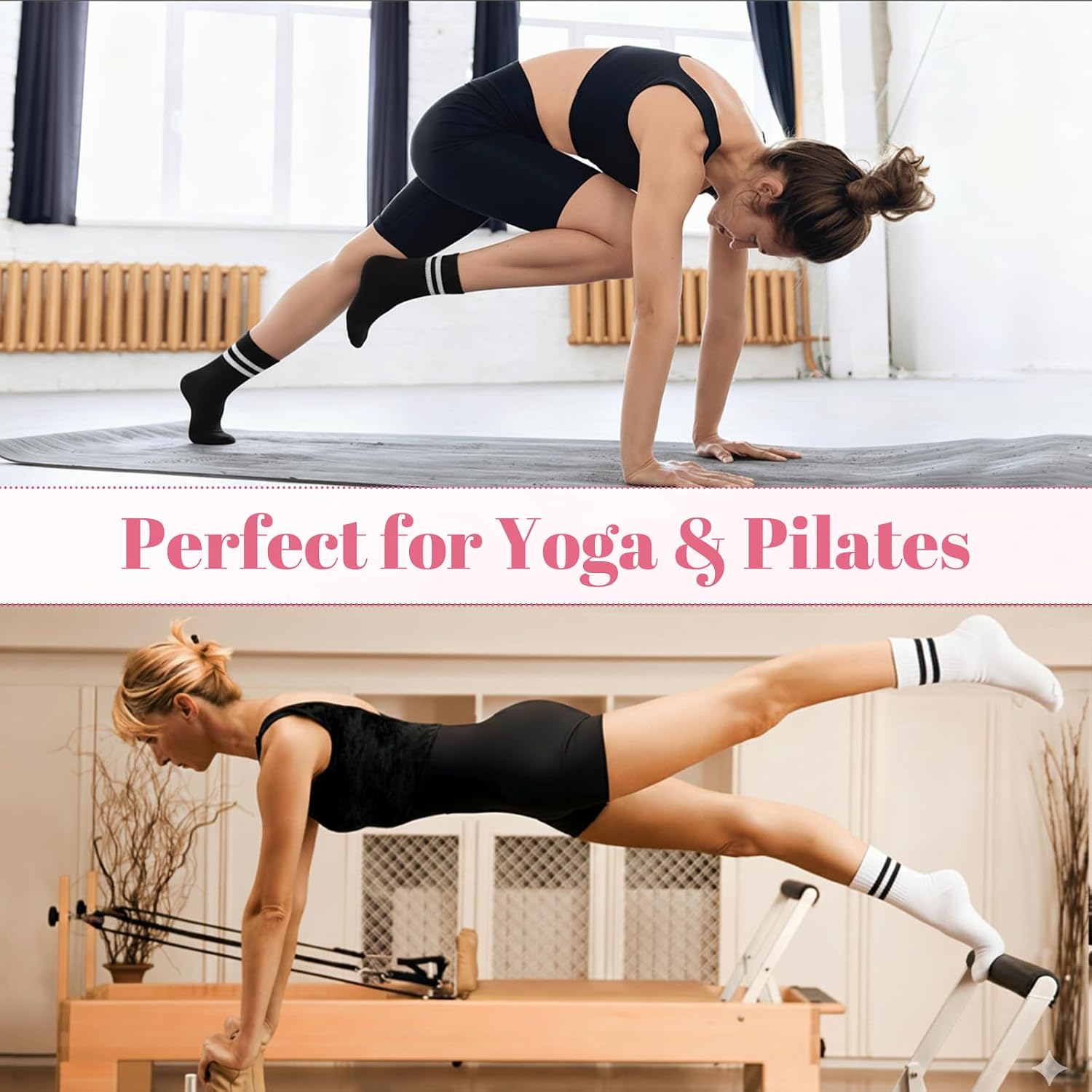 SPORTIC Pilates Socks with Grips for Women, Non Slip Yoga Socks Barre Crew Grippy Sticky Socks for Workout, Dance, Hospital – 4 Pairs Athletic Anti Skid Grip Socks