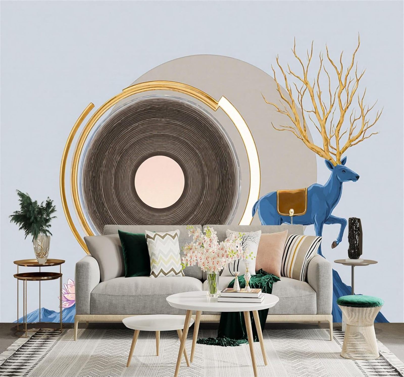 XLMING Blue Mountains Golden Antlers Blue Deer Pink Lotus Art 3D Wallpaper Silky Texture Home Study Office Grey Dining Room Sofa Bedroom Living Room TV Backdrop-200cm×140cm