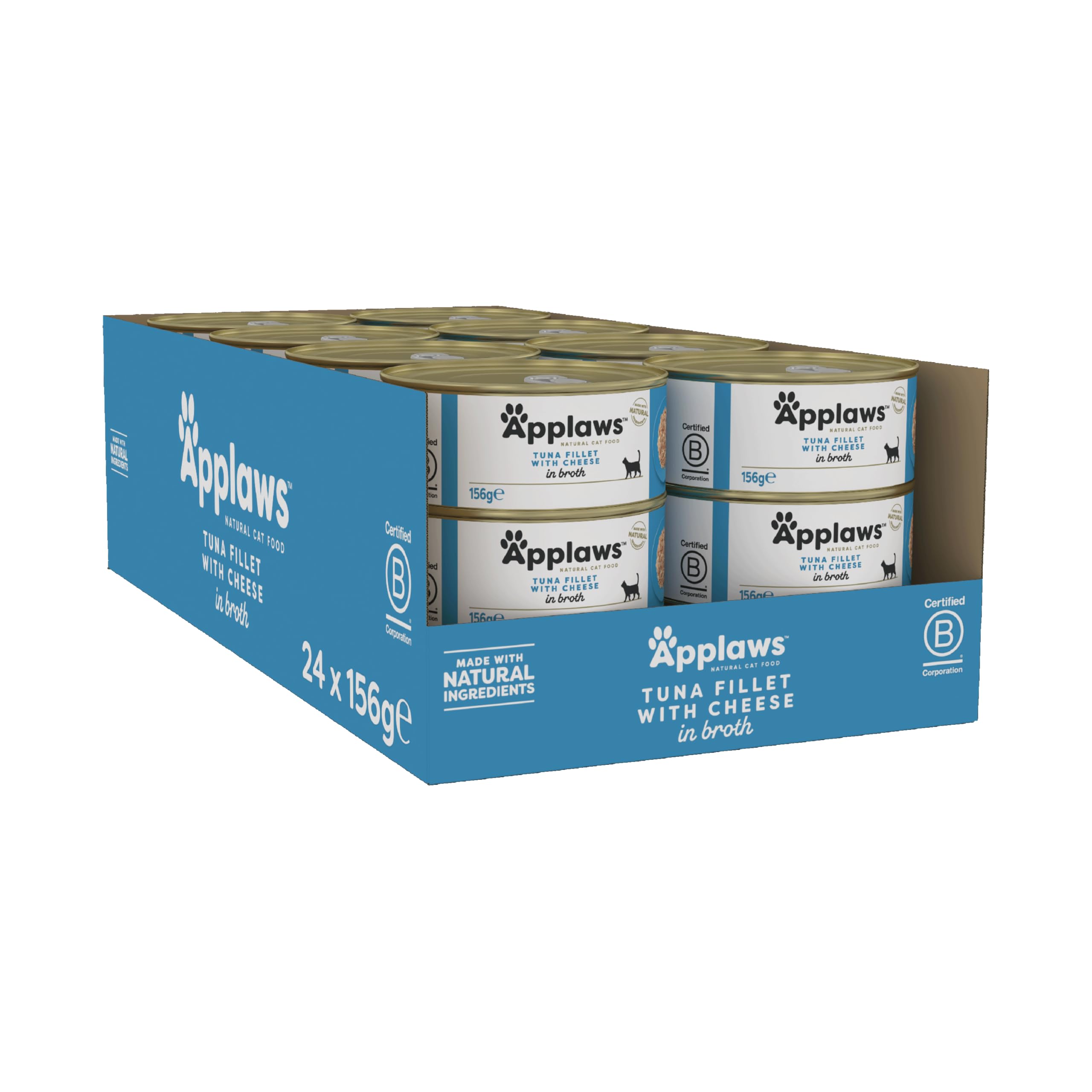 100% Natural Wet Cat Food, Tuna Fillet with Cheese in Broth for Adult Cats (Pack of 24 x 156g Tins)