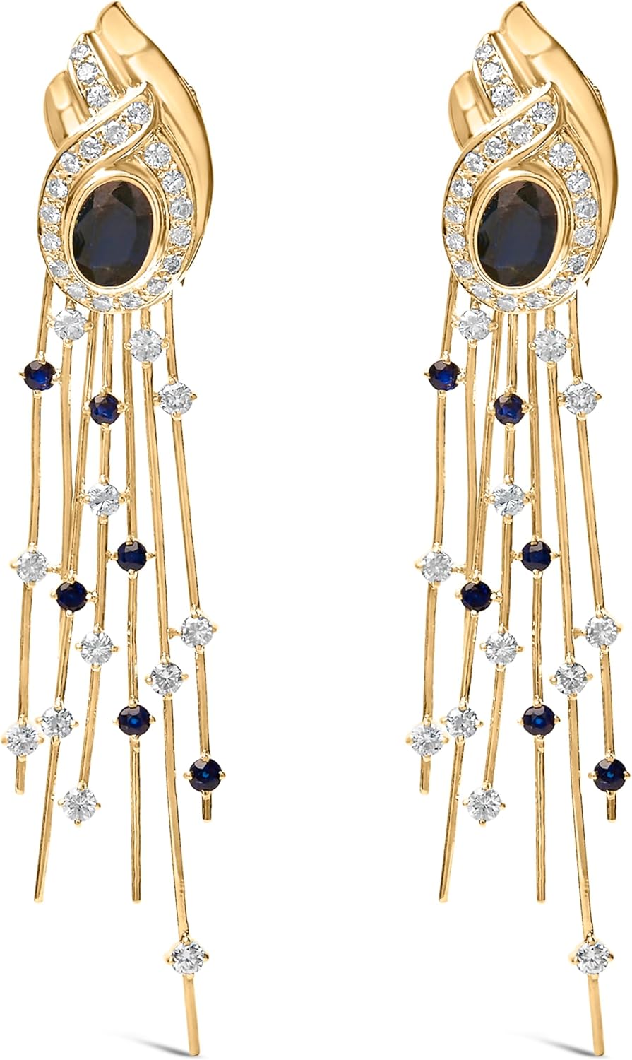 14K Yellow Gold 1.0 Cttw Diamond and Blue Sapphire Chandelier Earrings
