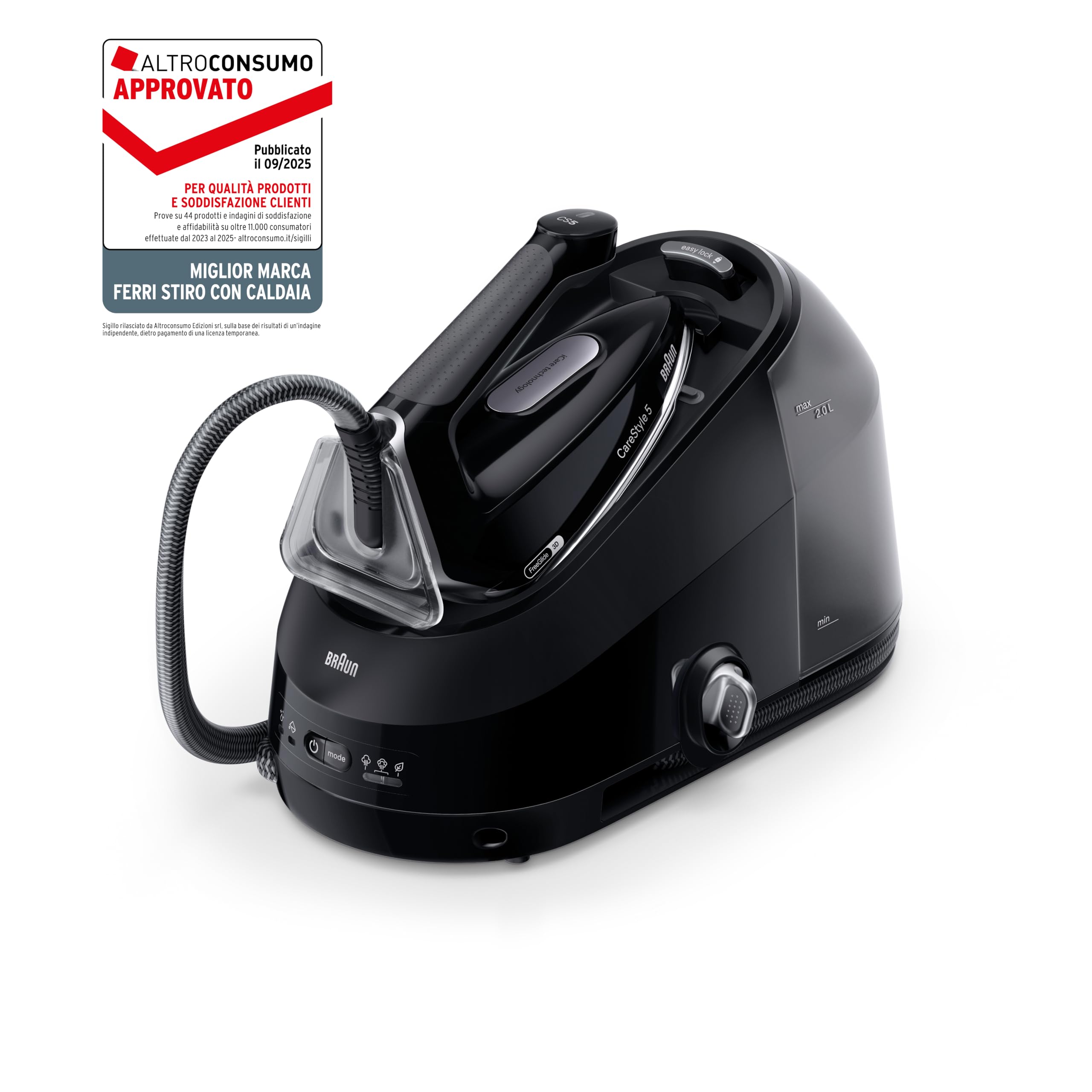 Braun CareStyle 5 IS5249BK, Sistema Stirante con Tecnologia FreeGlide 3D, 150 g/min di Vapore, Riscaldamento Veloce, Modalità iCare, Stiratura Verticale, Serbatoio 2L Rimovibile, 2400W, Nero